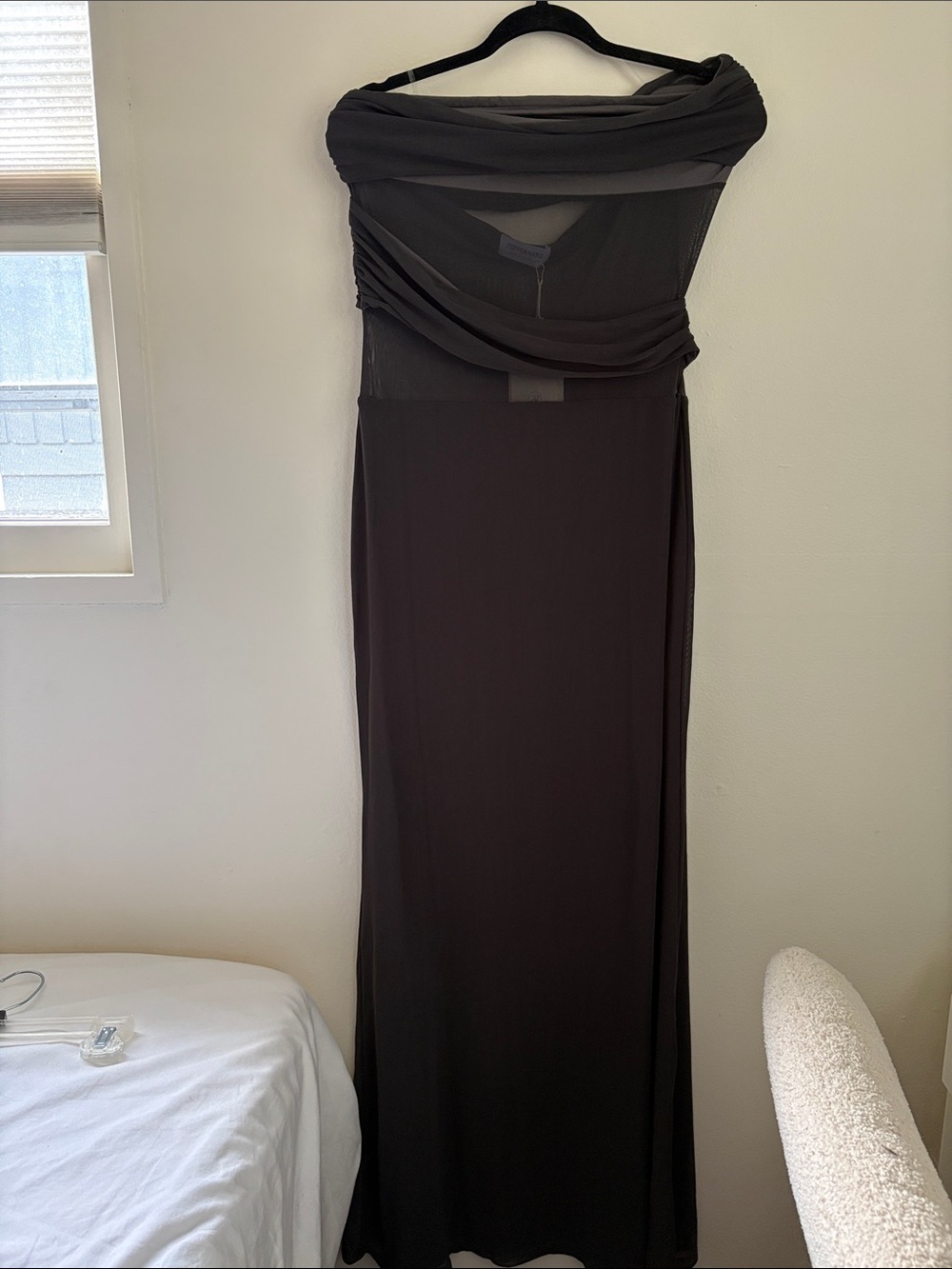 Peppermayo Gray Strapless Draped Evening Gown